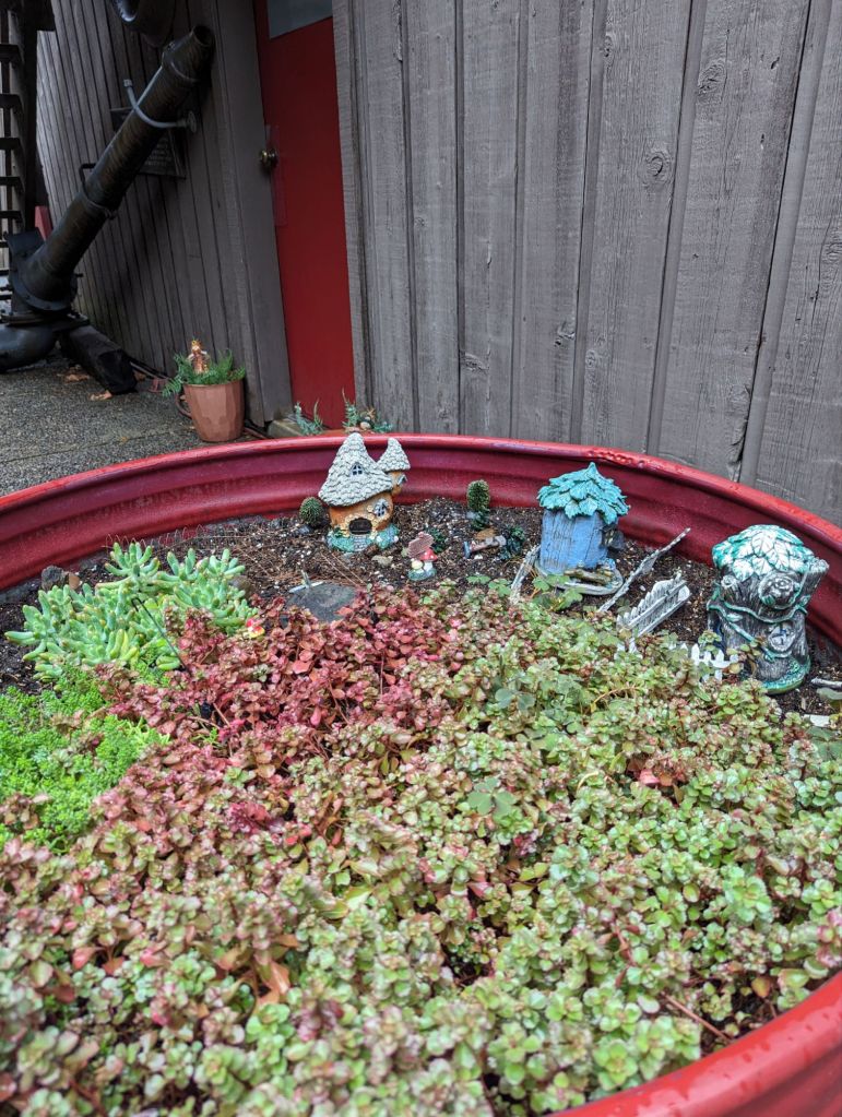 mini-gnome village in planter
